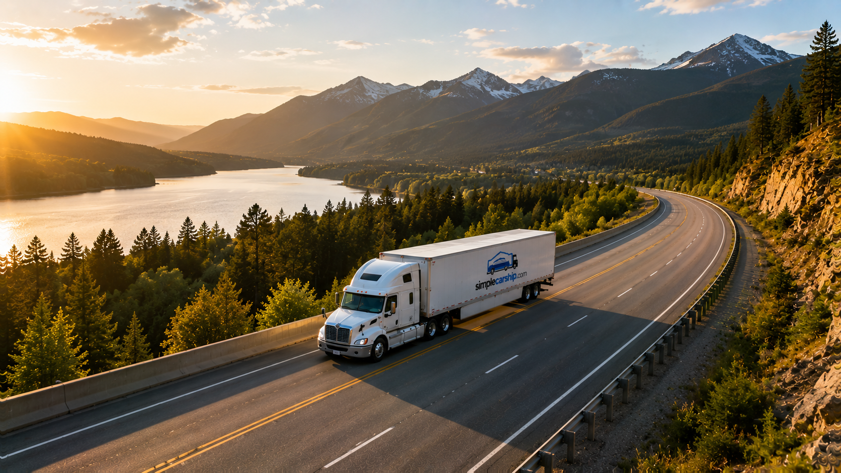 Aerial view of an open auto-transport carrier on the interstate shipping a car from Michigan to Pennsylvania