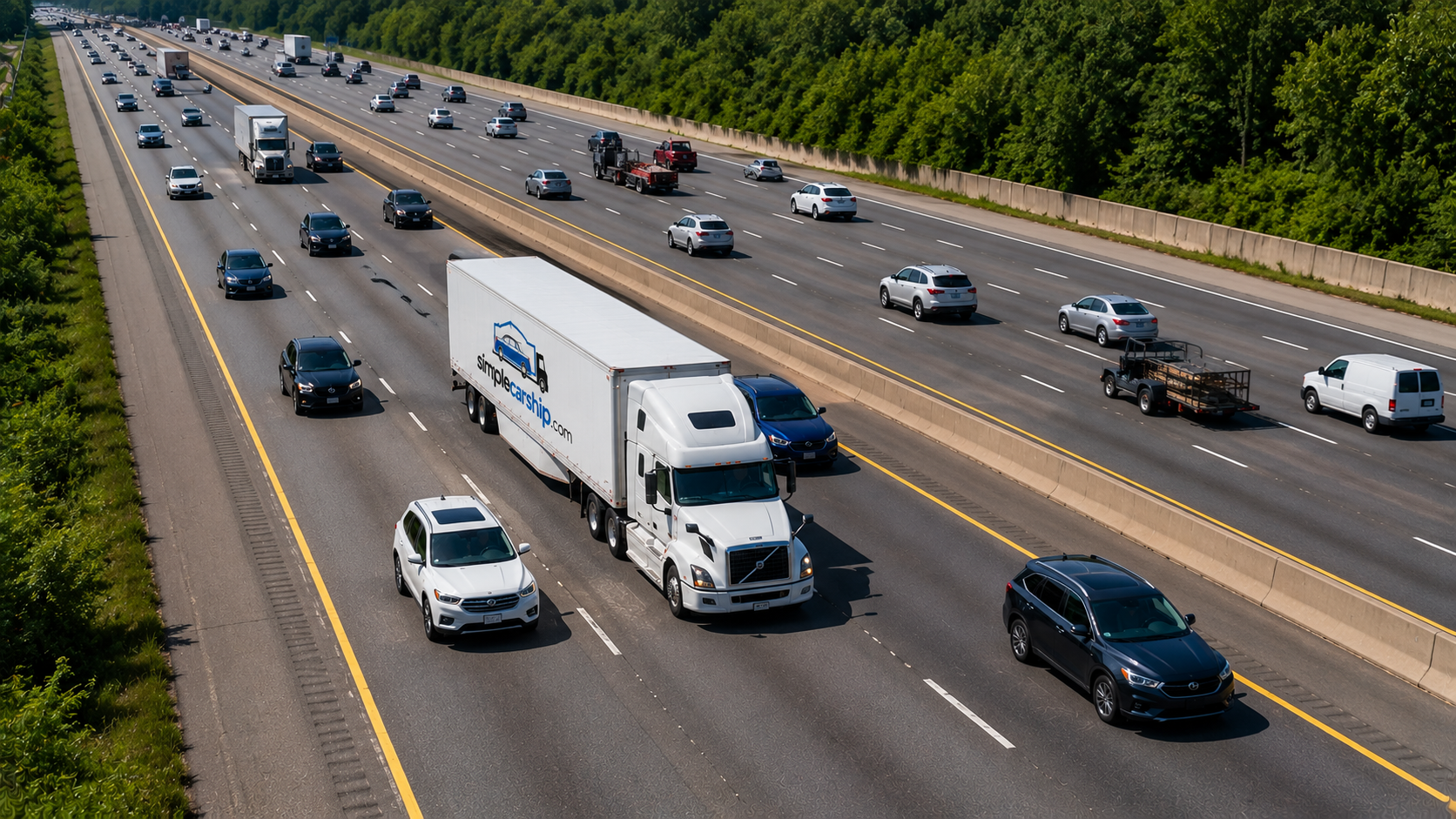 Aerial view of an open auto-transport carrier on the interstate shipping a car from Virginia to Ohio