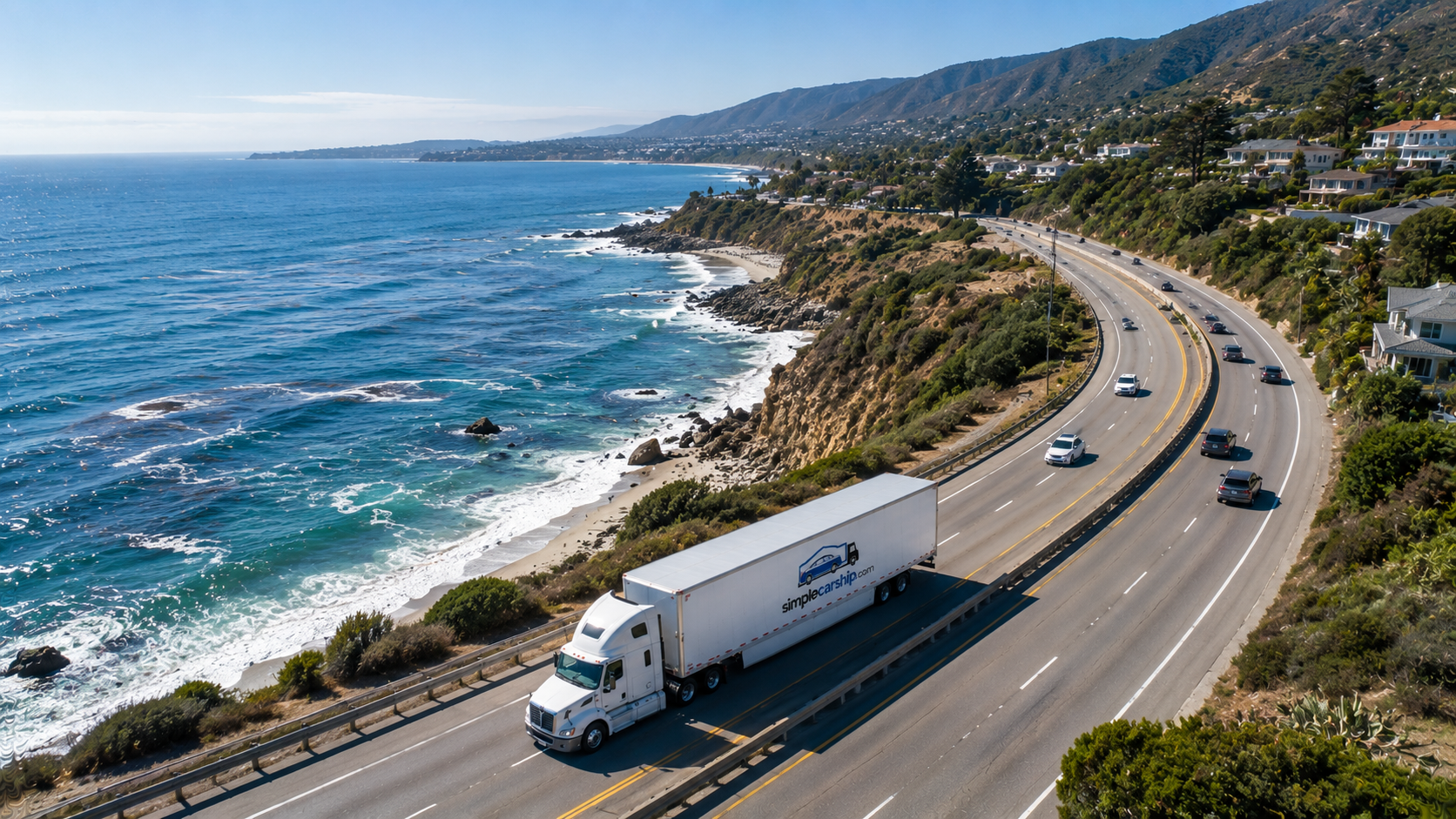 Aerial view of an open auto-transport carrier on the interstate shipping a car from Michigan to Illinois