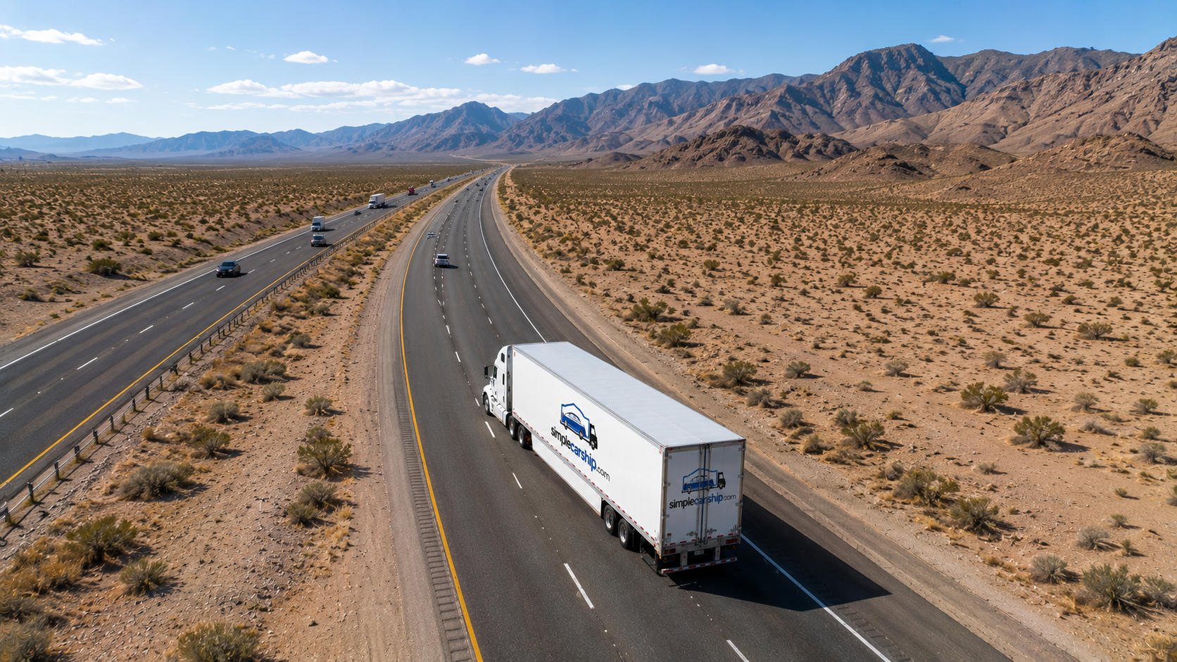 Aerial view of an open auto-transport carrier on the interstate shipping a car from Illinois to Michigan