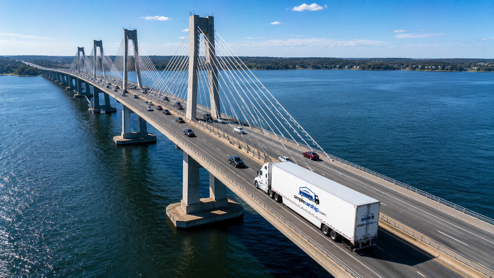 Aerial view of an open auto-transport carrier on the interstate shipping a car from Washington to Pennsylvania