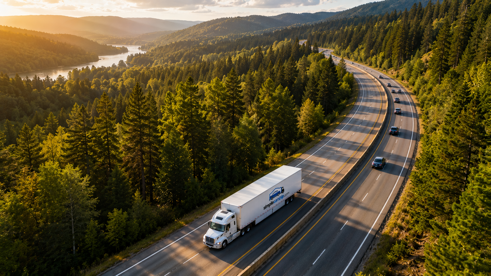 Aerial view of an open auto-transport carrier on the interstate shipping a car from Indiana to New York