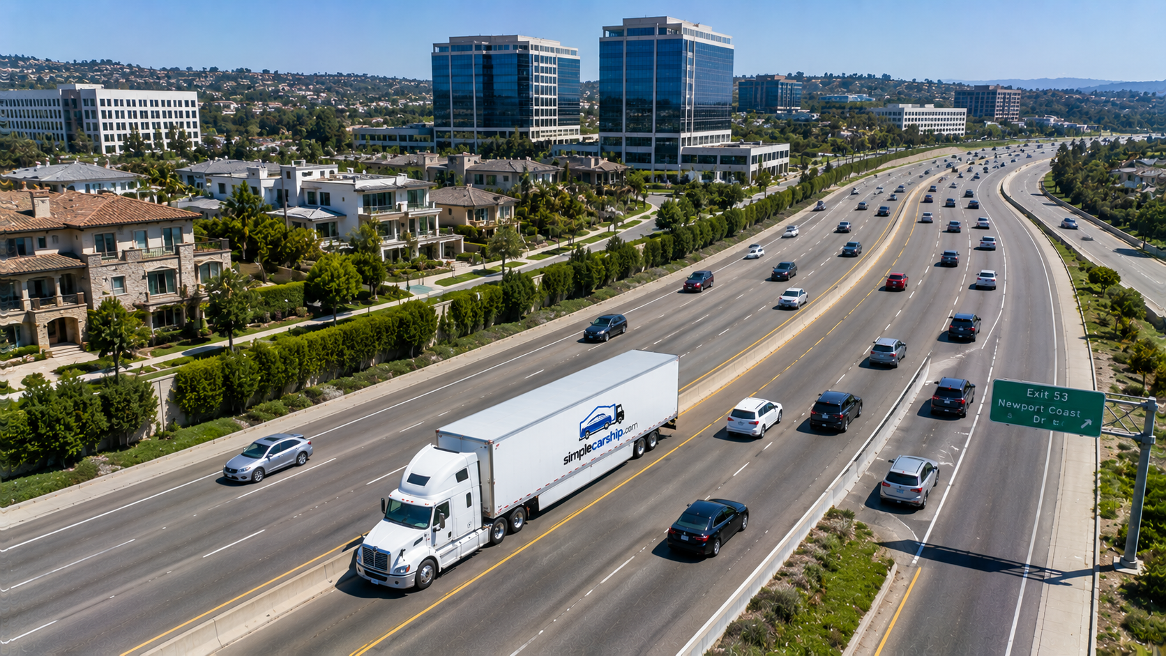 Aerial view of an open auto-transport carrier on the interstate shipping a car from North Carolina to New Jersey