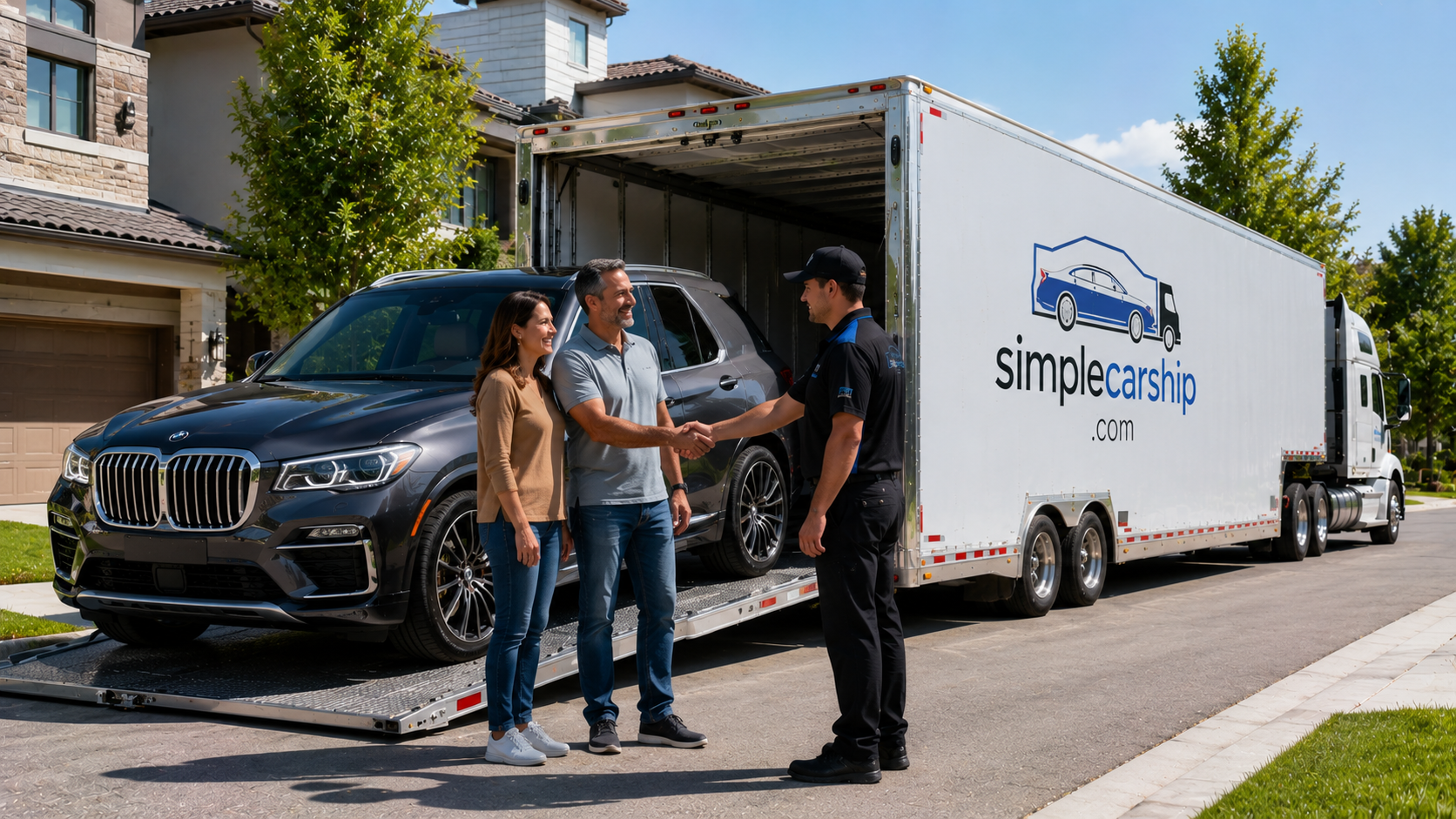Happy Simple Car Ship customer at vehicle delivery