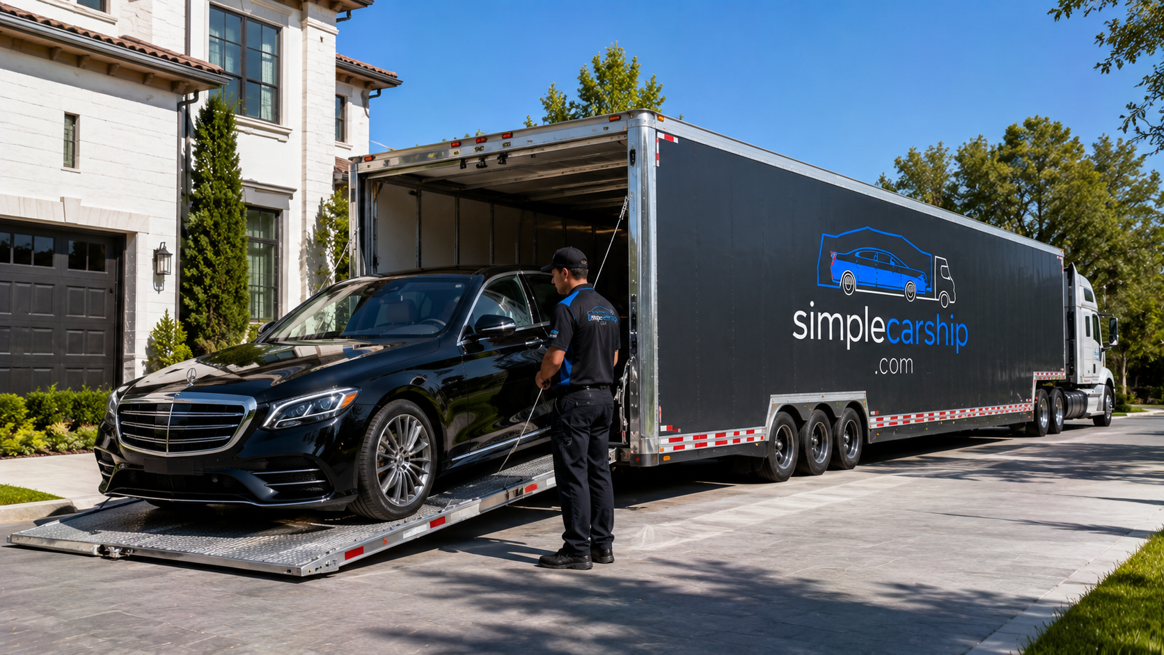 Black luxury sedan loaded into a Simple Car Ship enclosed carrier at a luxury home