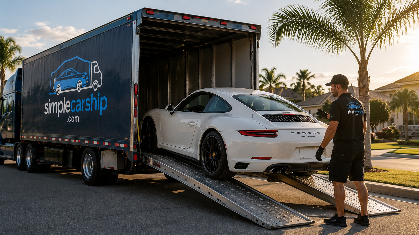 Vehicle being loaded onto a Simple Car Ship carrier for transport from South Carolina to Texas